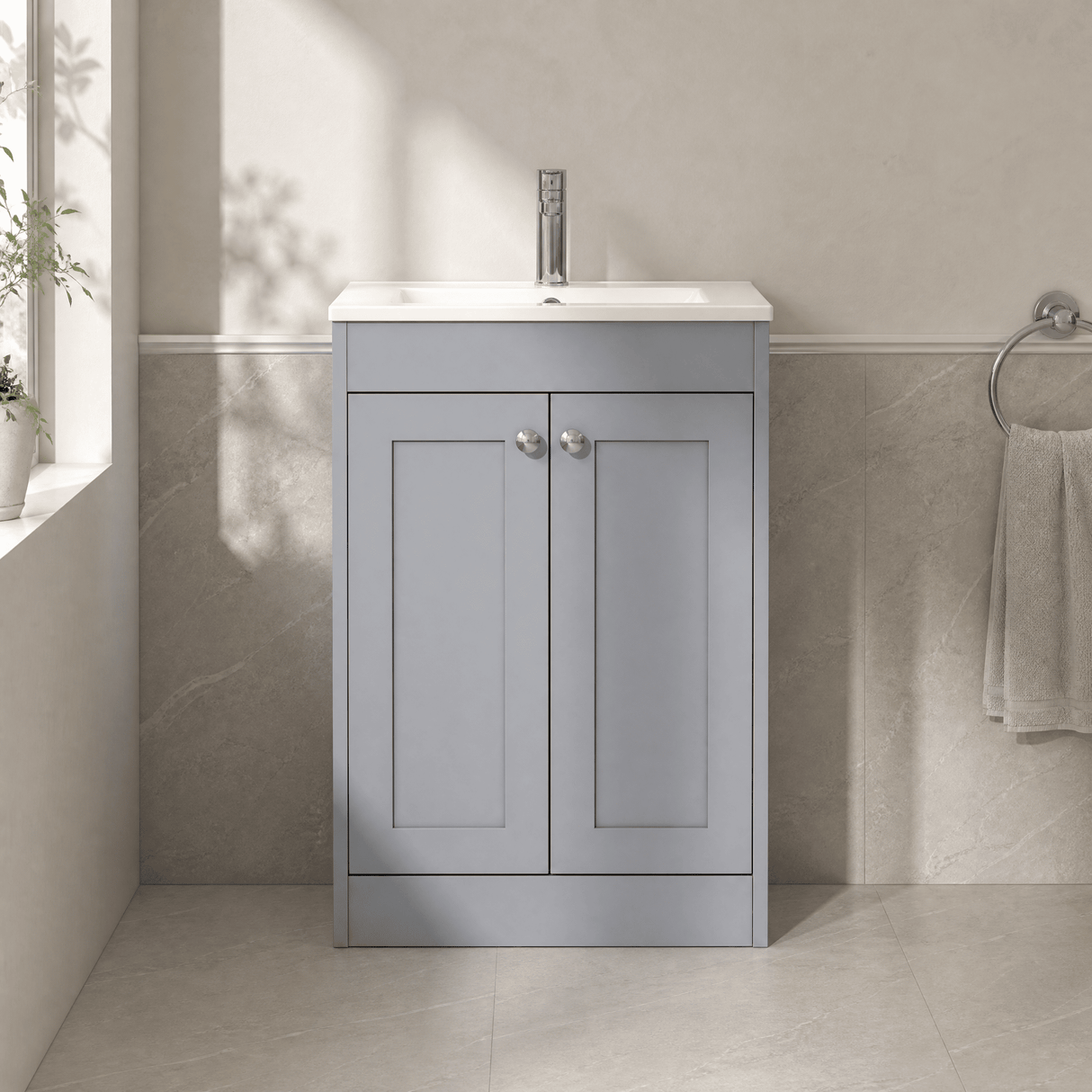 [BFHE225C] Balterley 600mm Floor Standing 2 Door Unit with Minimalist Basin 1 Tap Hole - Satin Grey - Lifestyle 1