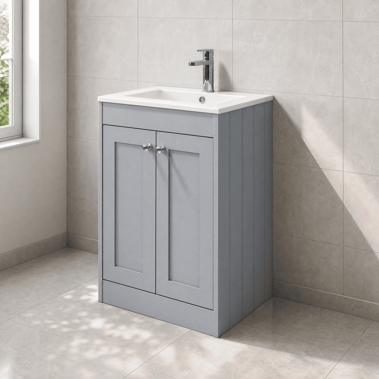[BFHE225C] Balterley 600mm Floor Standing 2 Door Unit with Minimalist Basin 1 Tap Hole - Satin Grey - Lifestyle 3