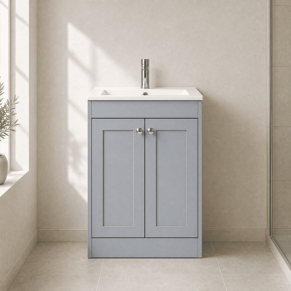 [BFHE225C] Balterley 600mm Floor Standing 2 Door Unit with Minimalist Basin 1 Tap Hole - Satin Grey - Silo