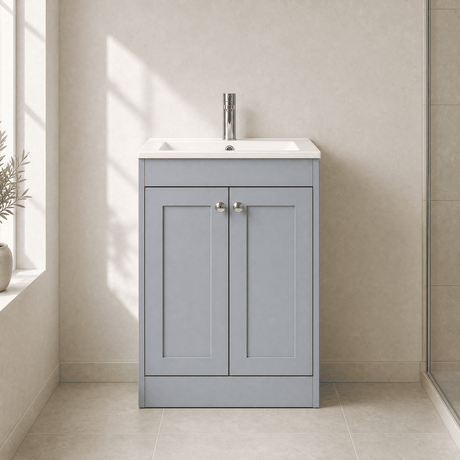 [BFHE225C] Balterley 600mm Floor Standing 2 Door Unit with Minimalist Basin 1 Tap Hole - Satin Grey - Silo