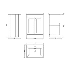[BFHE225E] Balterley 600mm Floor Standing 2 Door Unit with Thin Edge Basin 1 Tap Hole - Satin Grey - Technical Drawing