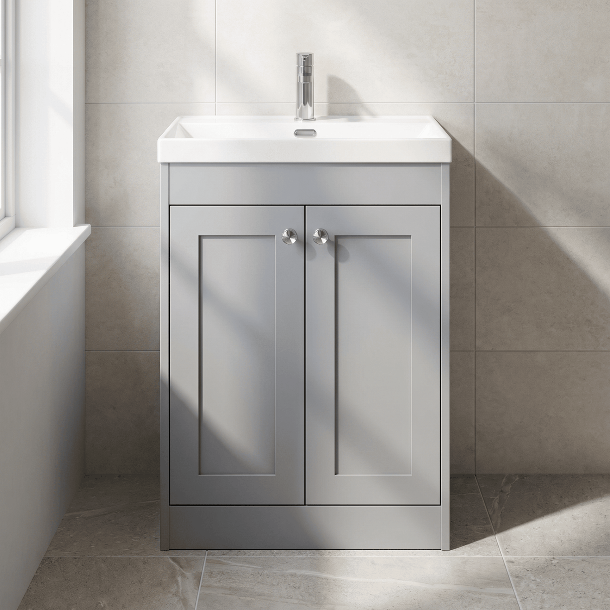 [BFHE225E] Balterley 600mm Floor Standing 2 Door Unit with Thin Edge Basin 1 Tap Hole - Satin Grey - Lifestyle 1