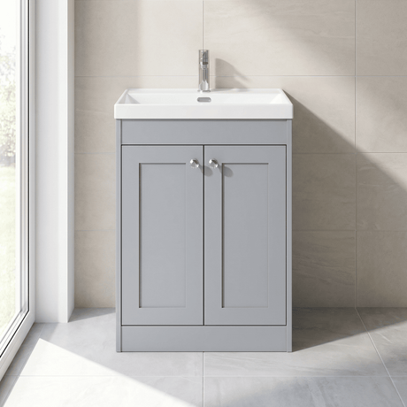 [BFHE225E] Balterley 600mm Floor Standing 2 Door Unit with Thin Edge Basin 1 Tap Hole - Satin Grey - Silo
