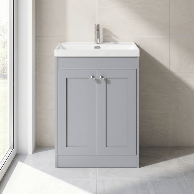 [BFHE225E] Balterley 600mm Floor Standing 2 Door Unit with Thin Edge Basin 1 Tap Hole - Satin Grey - Silo