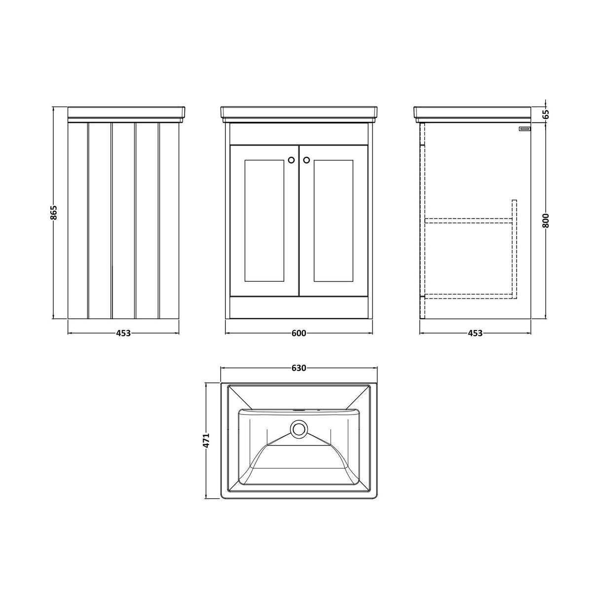 [BFHE225H] Balterley 600mm Floor Standing 2 Door Unit with Classic Basin No Tap Hole - Satin Grey - Technical Drawing