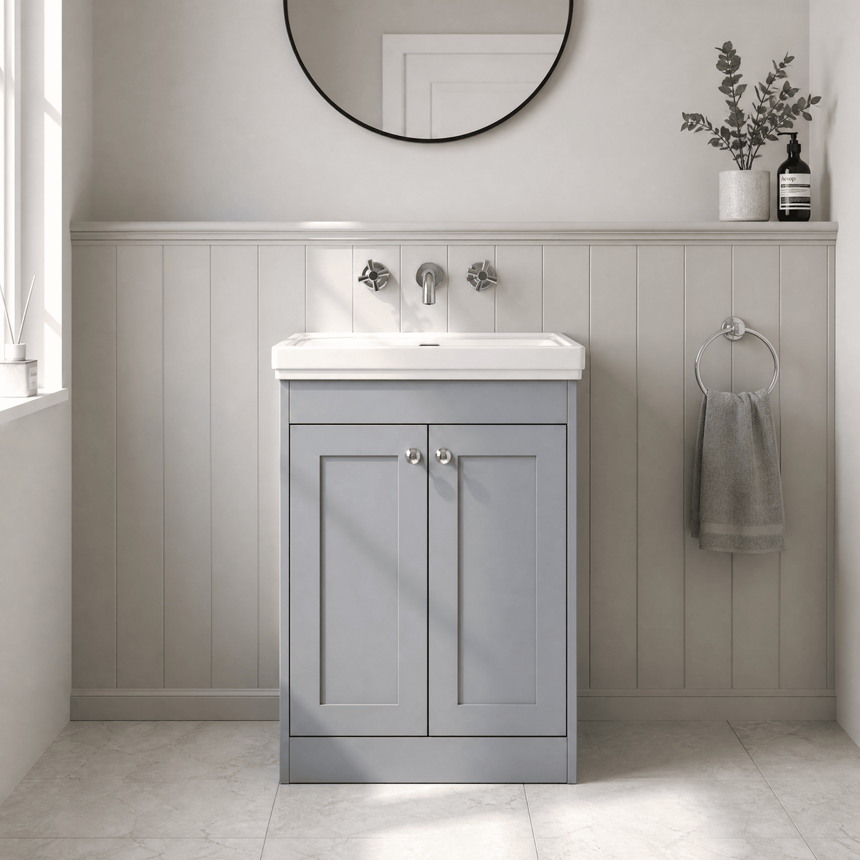 [BFHE225H] Balterley 600mm Floor Standing 2 Door Unit with Classic Basin No Tap Hole - Satin Grey - Lifestyle 1