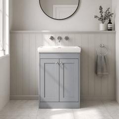 [BFHE225H] Balterley 600mm Floor Standing 2 Door Unit with Classic Basin No Tap Hole - Satin Grey - Lifestyle 1