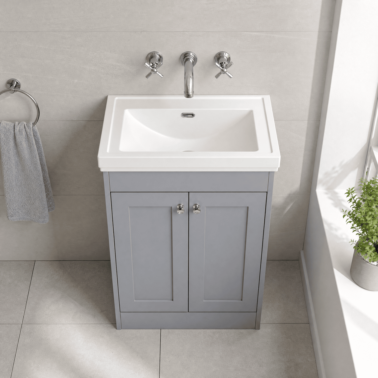 [BFHE225H] Balterley 600mm Floor Standing 2 Door Unit with Classic Basin No Tap Hole - Satin Grey - Lifestyle 2