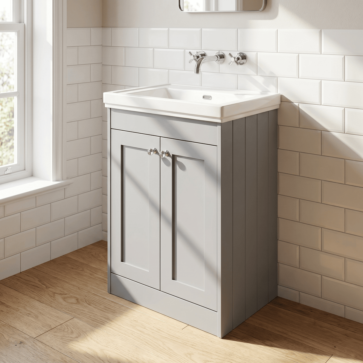 [BFHE225H] Balterley 600mm Floor Standing 2 Door Unit with Classic Basin No Tap Hole - Satin Grey - Lifestyle 3