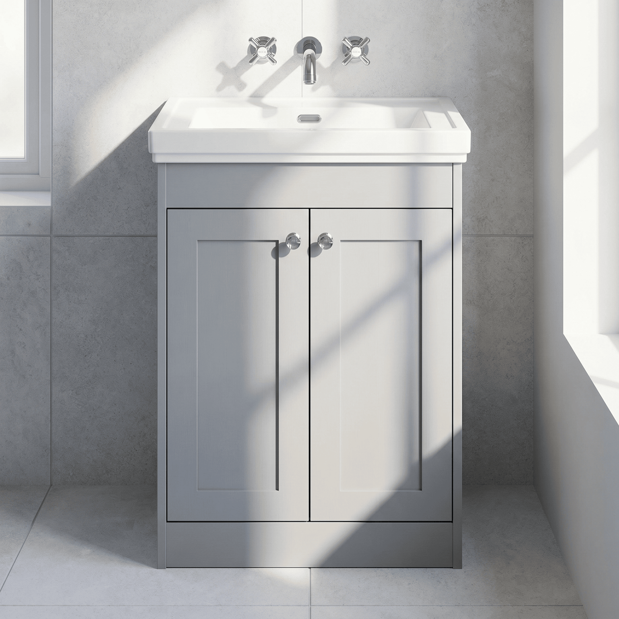 [BFHE225H] Balterley 600mm Floor Standing 2 Door Unit with Classic Basin No Tap Hole - Satin Grey - Silo