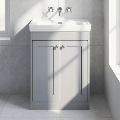 [BFHE225H] Balterley 600mm Floor Standing 2 Door Unit with Classic Basin No Tap Hole - Satin Grey - Silo
