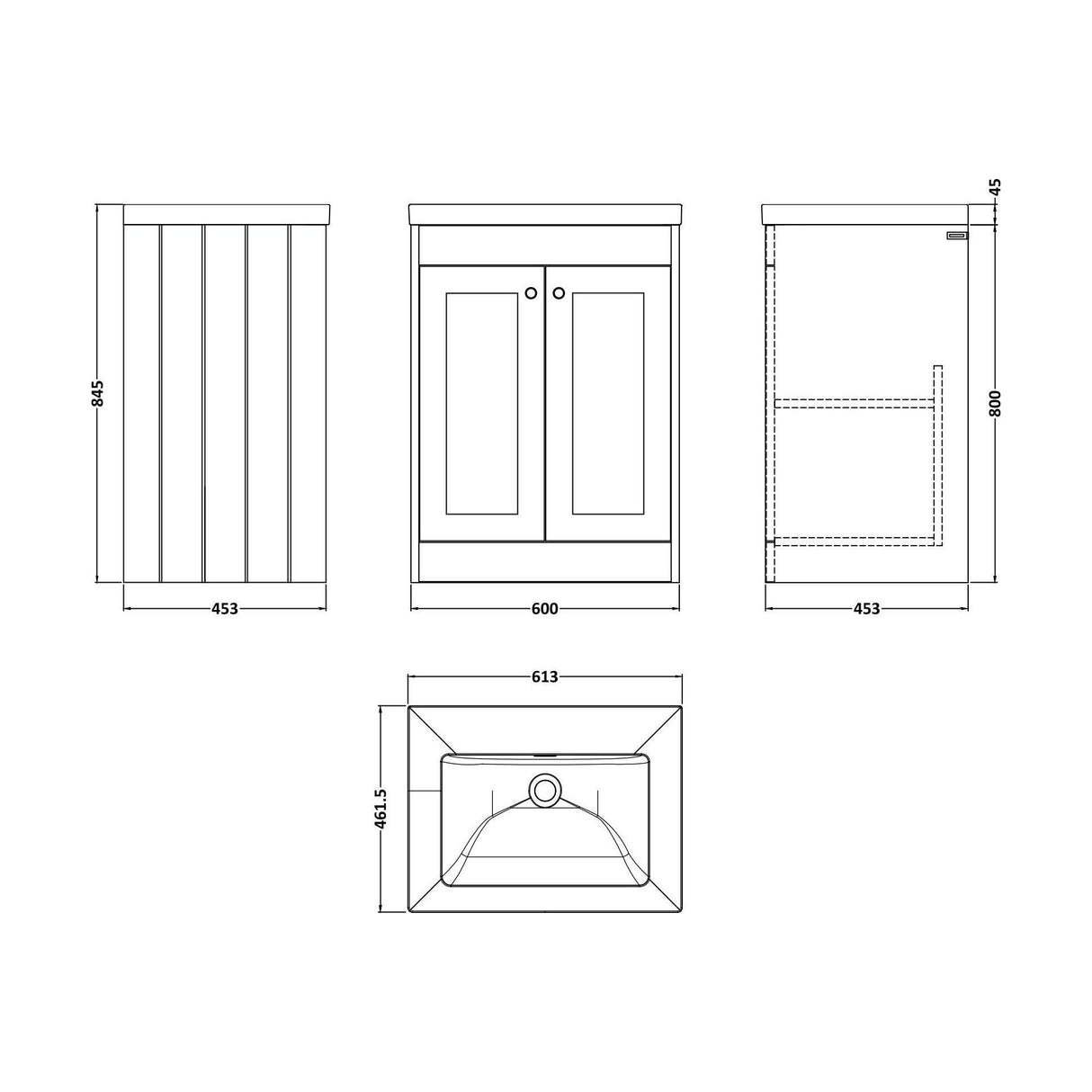 [BFHE225K] Balterley 600mm Floor Standing 2 Door Unit with Minimalist Basin No Tap Hole - Satin Grey - Technical Drawing