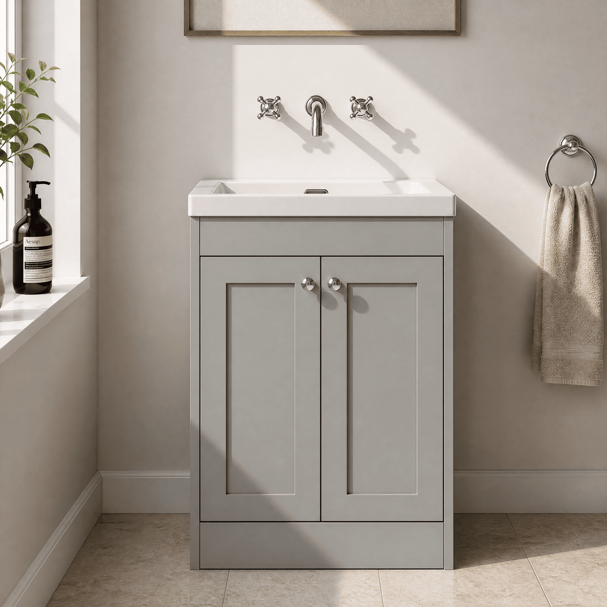 [BFHE225K] Balterley 600mm Floor Standing 2 Door Unit with Minimalist Basin No Tap Hole - Satin Grey - Lifestyle 1