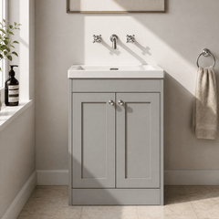 [BFHE225K] Balterley 600mm Floor Standing 2 Door Unit with Minimalist Basin No Tap Hole - Satin Grey - Lifestyle 1
