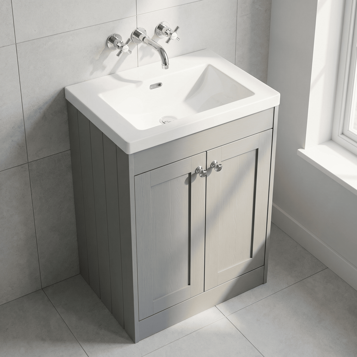 [BFHE225K] Balterley 600mm Floor Standing 2 Door Unit with Minimalist Basin No Tap Hole - Satin Grey - Lifestyle 2