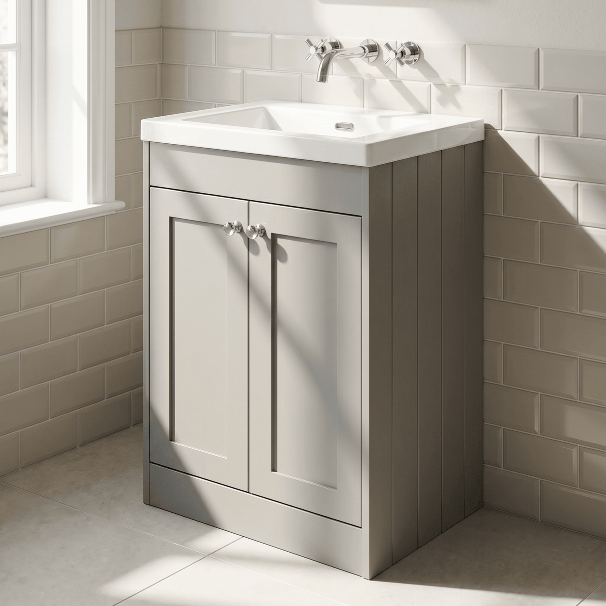 [BFHE225K] Balterley 600mm Floor Standing 2 Door Unit with Minimalist Basin No Tap Hole - Satin Grey - Lifestyle 3