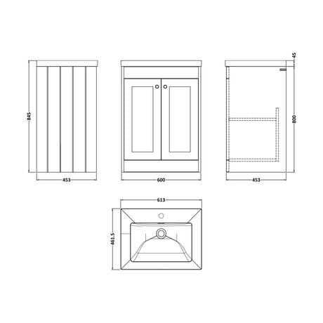 [BFHE225L] Balterley 600mm Floor Standing 2 Door Unit with Minimalist Basin 1 Tap Hole - Satin Grey - Technical Drawing
