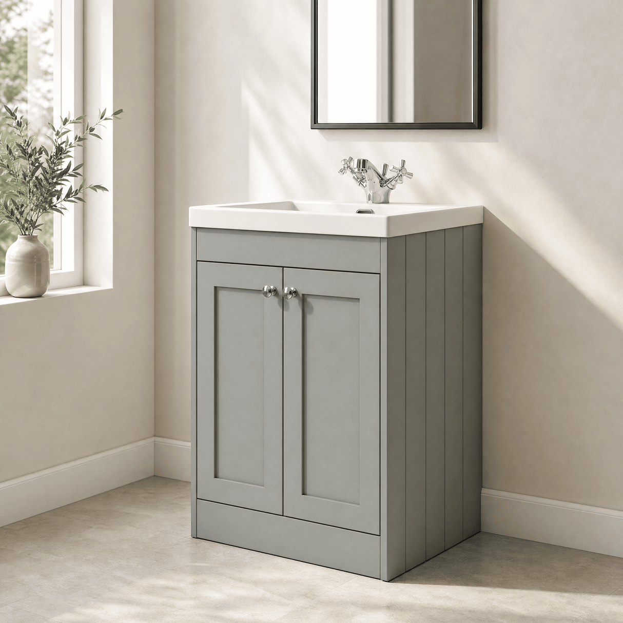 [BFHE225L] Balterley 600mm Floor Standing 2 Door Unit with Minimalist Basin 1 Tap Hole - Satin Grey - Lifestyle 3