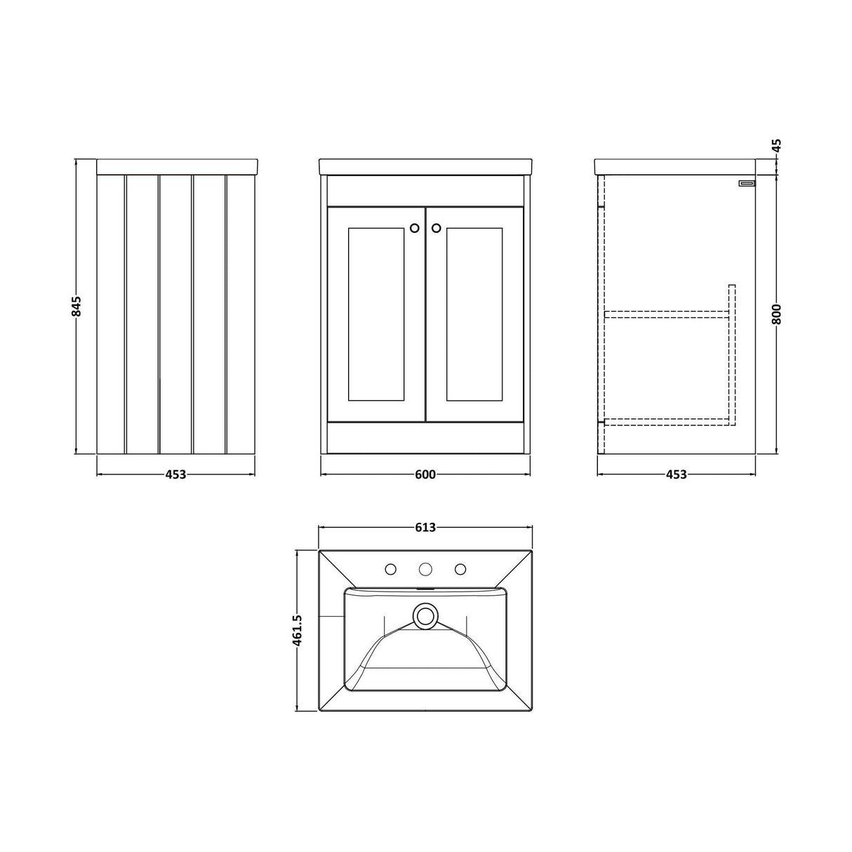 [BFHE225M] Balterley 600mm Floor Standing 2 Door Unit with Minimalist Basin 3 Tap Hole - Satin Grey - Technical Drawing