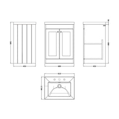 [BFHE225M] Balterley 600mm Floor Standing 2 Door Unit with Minimalist Basin 3 Tap Hole - Satin Grey - Technical Drawing