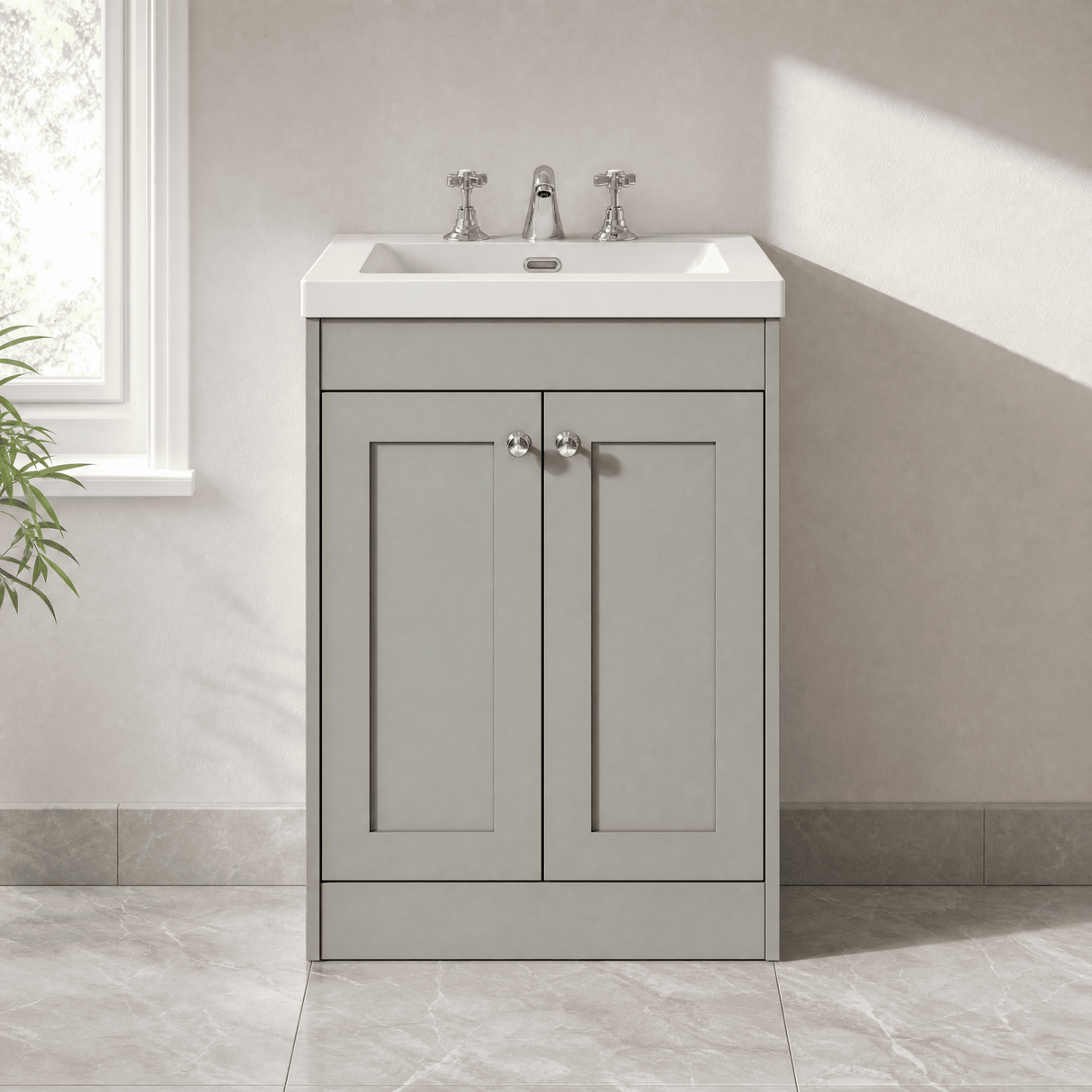 [BFHE225M] Balterley 600mm Floor Standing 2 Door Unit with Minimalist Basin 3 Tap Hole - Satin Grey - Lifestyle 1