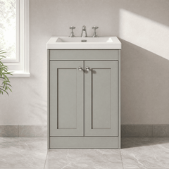 [BFHE225M] Balterley 600mm Floor Standing 2 Door Unit with Minimalist Basin 3 Tap Hole - Satin Grey - Lifestyle 1
