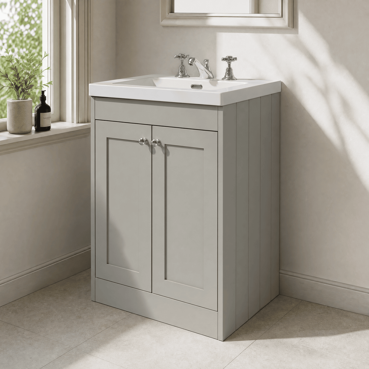 [BFHE225M] Balterley 600mm Floor Standing 2 Door Unit with Minimalist Basin 3 Tap Hole - Satin Grey - Lifestyle 3