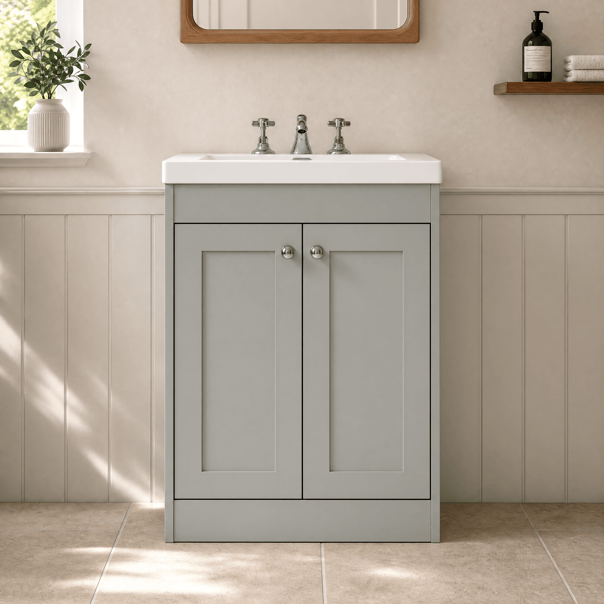 [BFHE225M] Balterley 600mm Floor Standing 2 Door Unit with Minimalist Basin 3 Tap Hole - Satin Grey - Silo