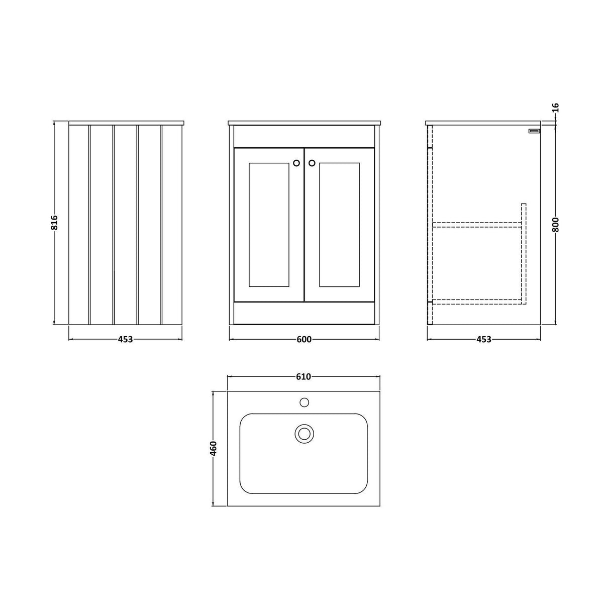 [BFHE225P] Balterley 600mm Floor Standing 2 Door Unit with Stone Basin 1 Tap Hole - Satin Grey - Technical Drawing