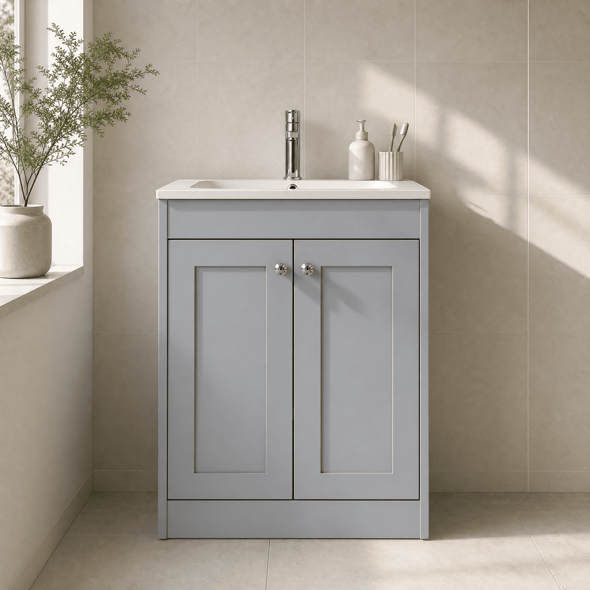 [BFHE225P] Balterley 600mm Floor Standing 2 Door Unit with Stone Basin 1 Tap Hole - Satin Grey - Lifestyle 1