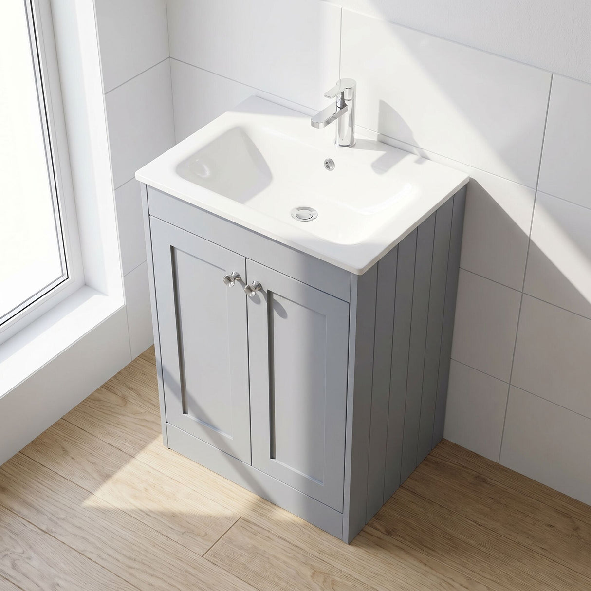 [BFHE225P] Balterley 600mm Floor Standing 2 Door Unit with Stone Basin 1 Tap Hole - Satin Grey - Lifestyle 2
