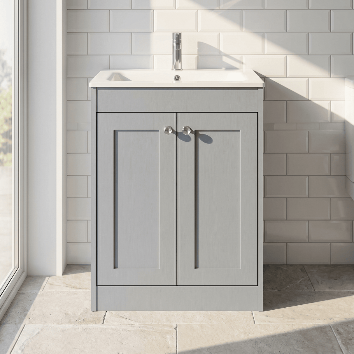 [BFHE225P] Balterley 600mm Floor Standing 2 Door Unit with Stone Basin 1 Tap Hole - Satin Grey - Silo