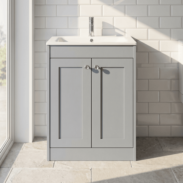 [BFHE225P] Balterley 600mm Floor Standing 2 Door Unit with Stone Basin 1 Tap Hole - Satin Grey - Silo