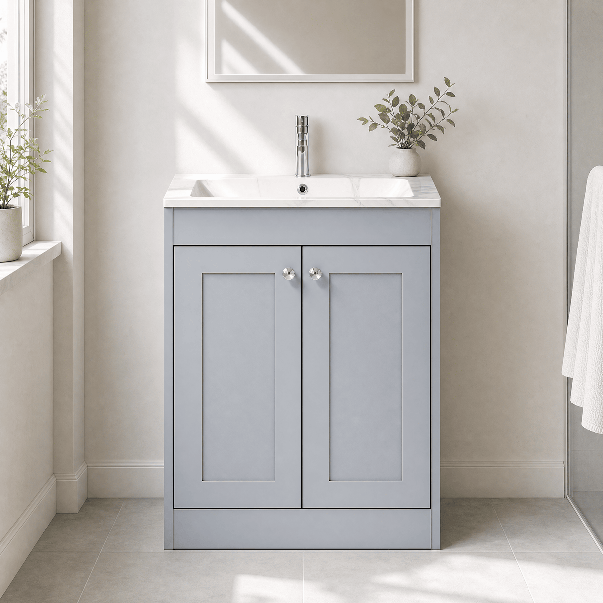 [BFHE225Q] Balterley 600mm Floor Standing 2 Door Unit & Stone Basin 1 Tap Hole - Satin Grey - Lifestyle 1