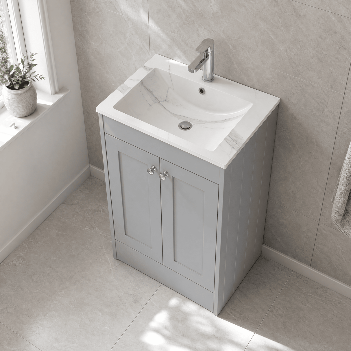 [BFHE225Q] Balterley 600mm Floor Standing 2 Door Unit & Stone Basin 1 Tap Hole - Satin Grey - Lifestyle 2