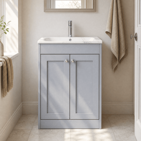 [BFHE225Q] Balterley 600mm Floor Standing 2 Door Unit & Stone Basin 1 Tap Hole - Satin Grey - Silo