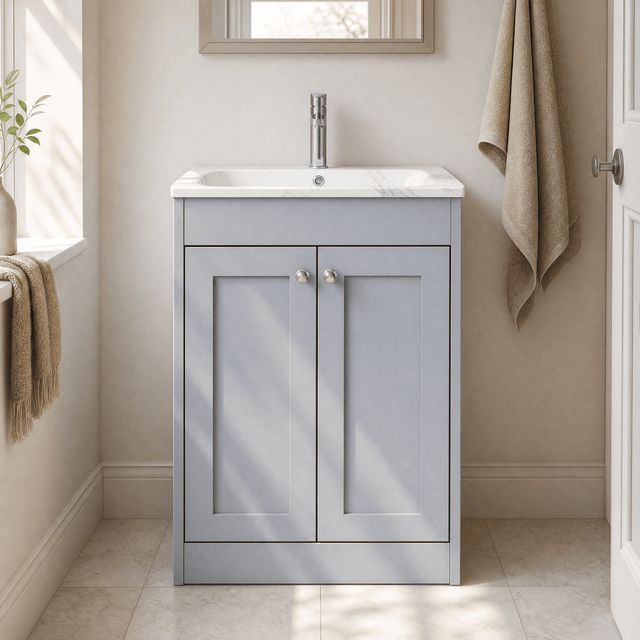 [BFHE225Q] Balterley 600mm Floor Standing 2 Door Unit & Stone Basin 1 Tap Hole - Satin Grey - Silo