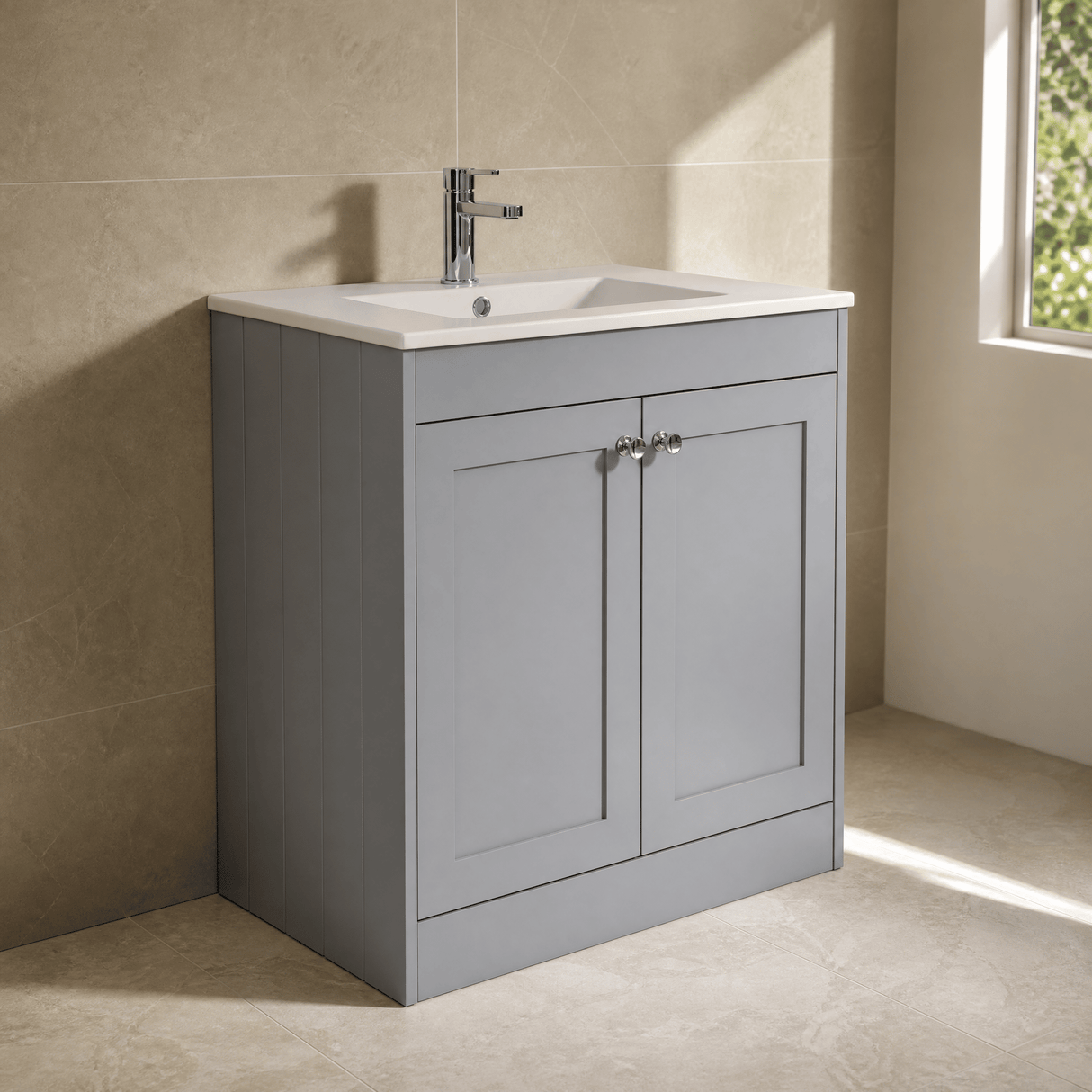 [BFHE226C] Balterley 800mm Floor Standing 2 Door Unit with Minimalist Basin 1 Tap Hole - Satin Grey - Lifestyle 3