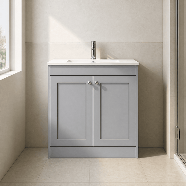 [BFHE226C] Balterley 800mm Floor Standing 2 Door Unit with Minimalist Basin 1 Tap Hole - Satin Grey - Silo