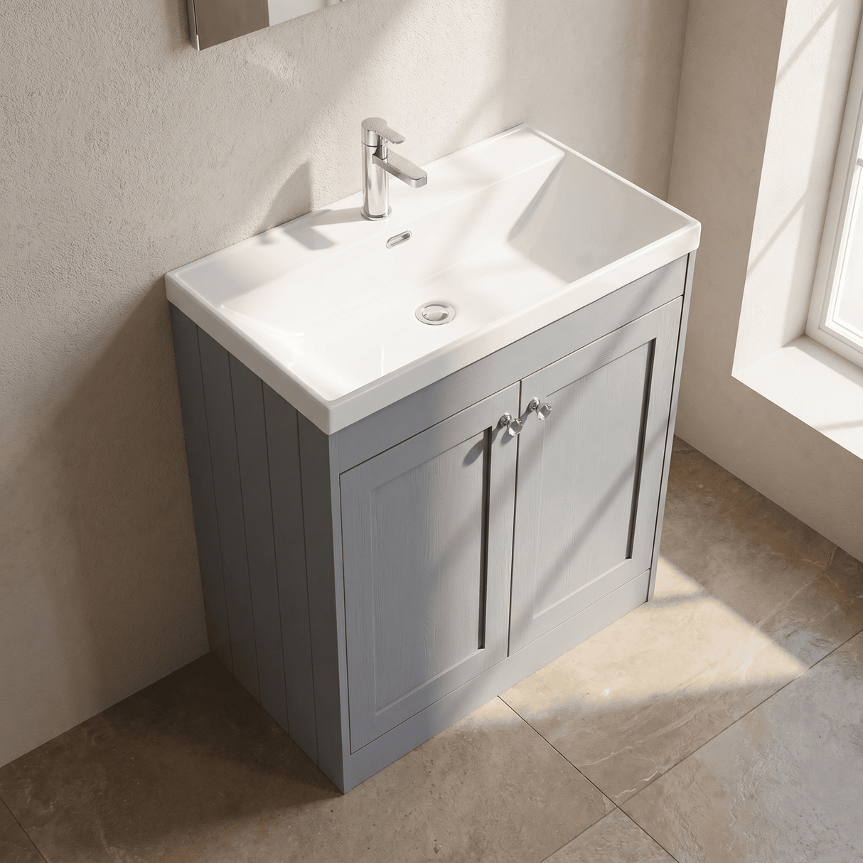 [BFHE226E] Balterley 800mm Floor Standing 2 Door Unit with Thin Edge Basin 1 Tap Hole - Satin Grey - Lifestyle 2
