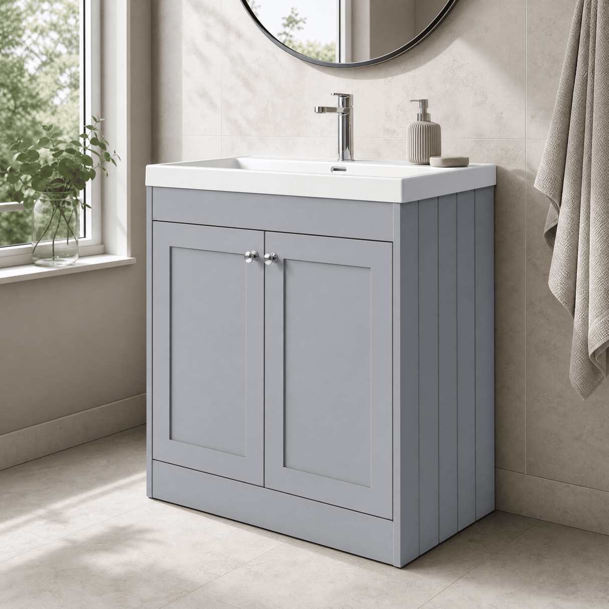 [BFHE226E] Balterley 800mm Floor Standing 2 Door Unit with Thin Edge Basin 1 Tap Hole - Satin Grey - Lifestyle 3