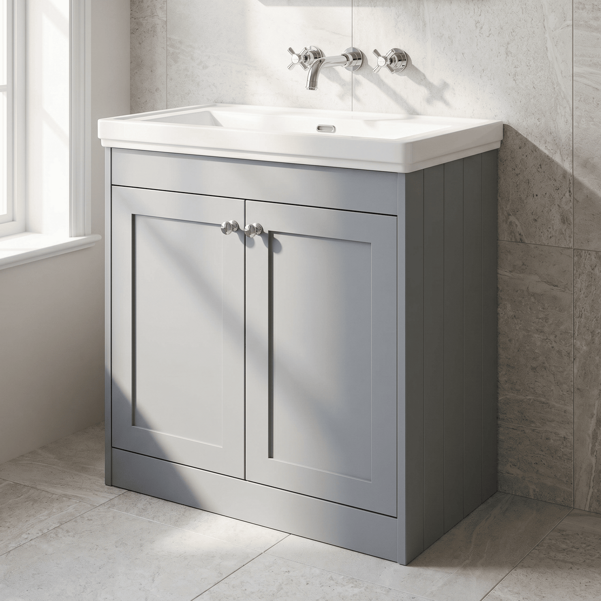 [BFHE226H] Balterley 800mm Floor Standing 2 Door Unit with Classic Basin No Tap Hole - Satin Grey - Lifestyle 3