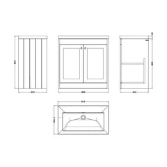 [BFHE226K] Balterley 800mm Floor Standing 2 Door Unit with Minimalist Basin No Tap Hole - Satin Grey - Technical Drawing