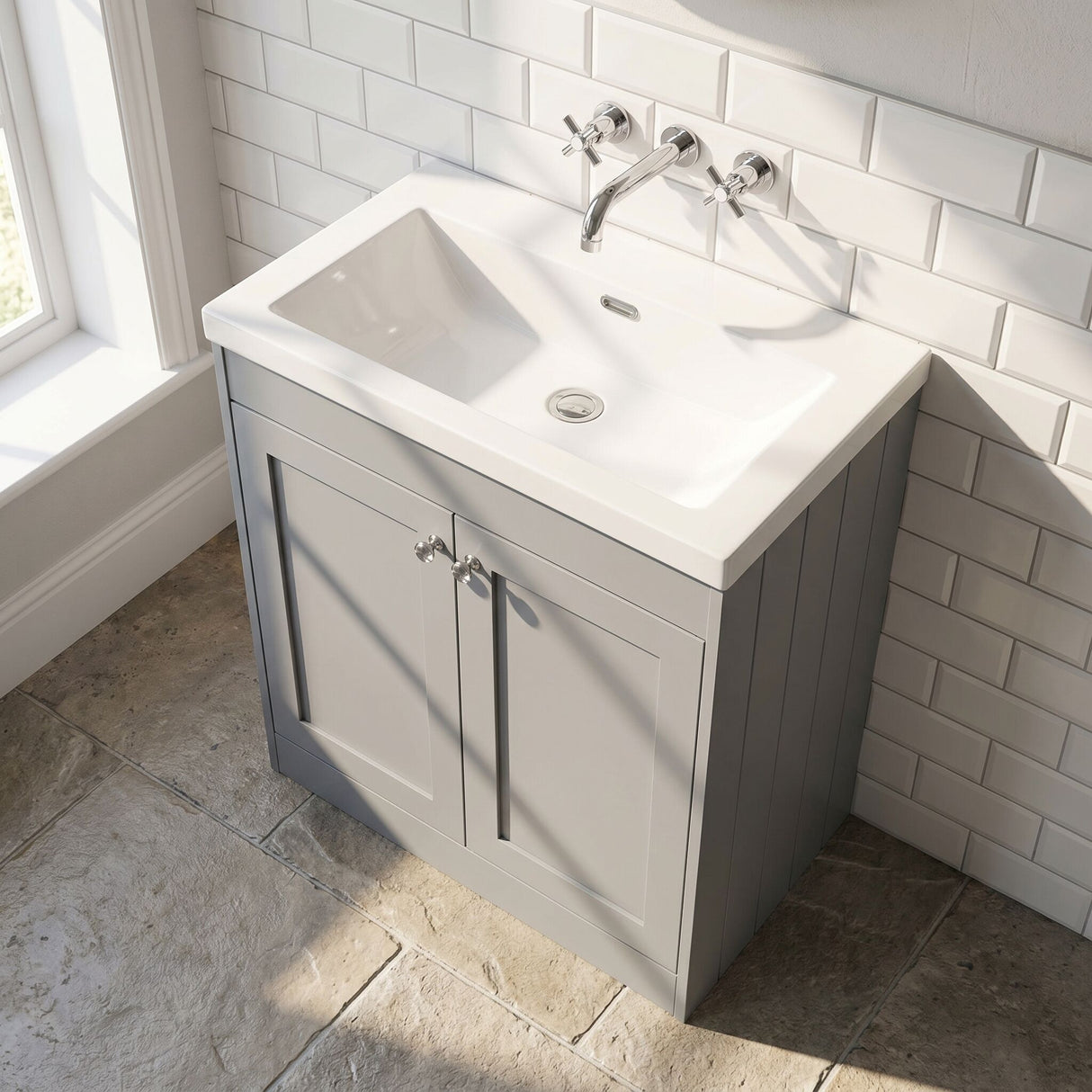 [BFHE226K] Balterley 800mm Floor Standing 2 Door Unit with Minimalist Basin No Tap Hole - Satin Grey - Lifestyle 2
