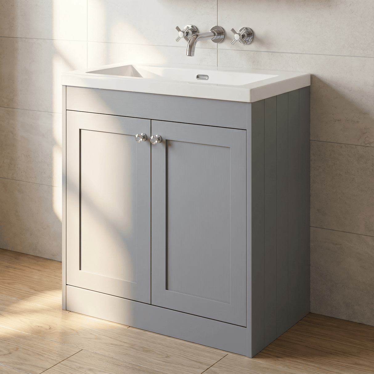 [BFHE226K] Balterley 800mm Floor Standing 2 Door Unit with Minimalist Basin No Tap Hole - Satin Grey - Lifestyle 3