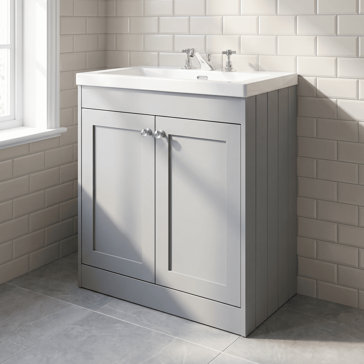 [BFHE226M] Balterley 800mm Floor Standing 2 Door Unit with Minimalist Basin 3 Tap Hole - Satin Grey - Lifestyle 1
