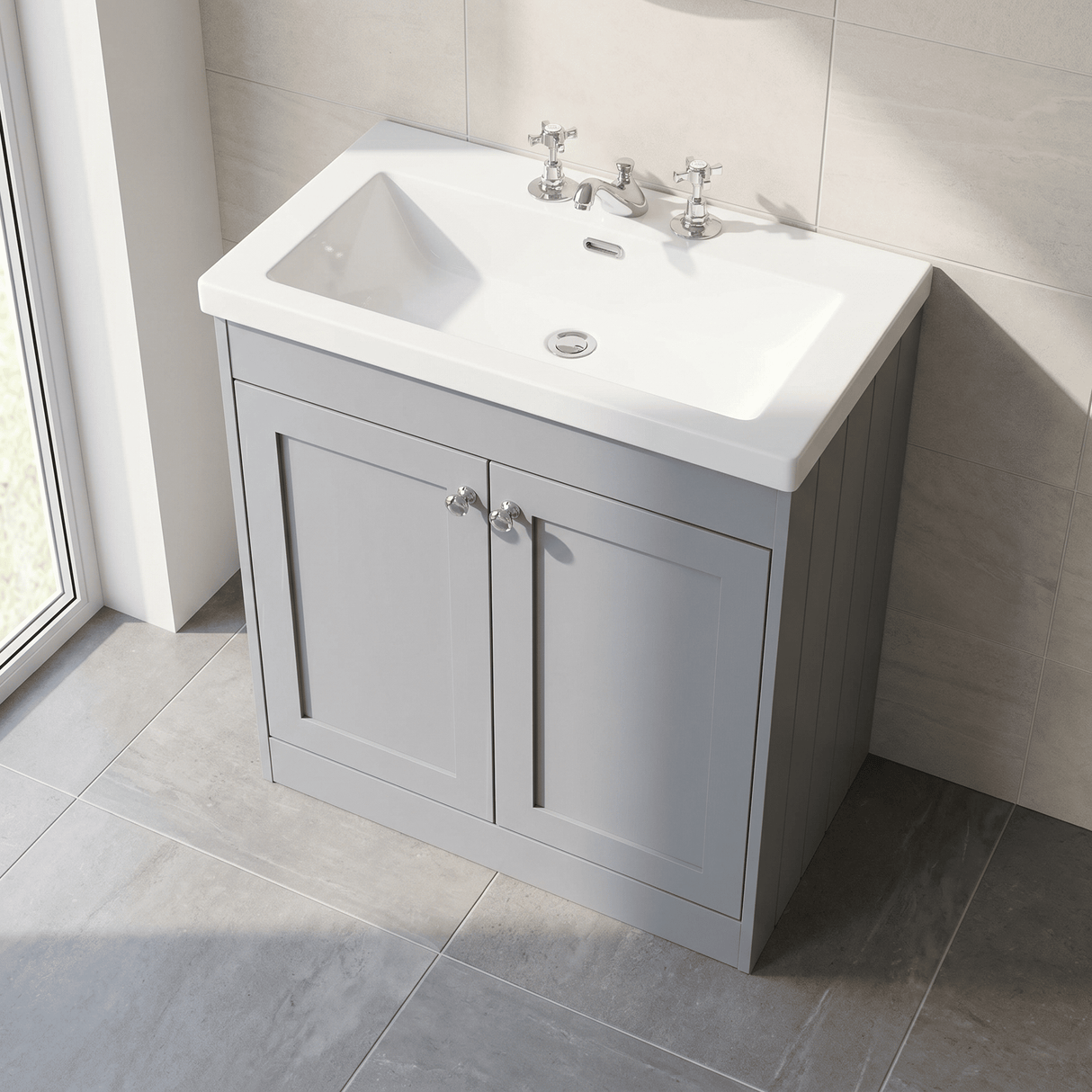 [BFHE226M] Balterley 800mm Floor Standing 2 Door Unit with Minimalist Basin 3 Tap Hole - Satin Grey - Lifestyle 2