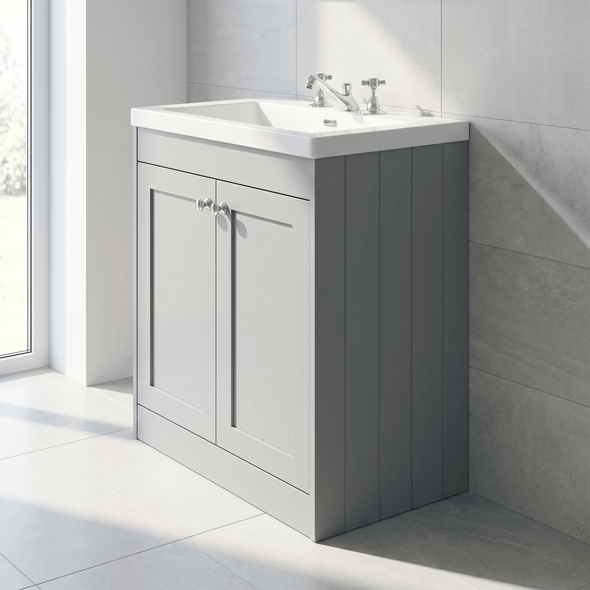 [BFHE226M] Balterley 800mm Floor Standing 2 Door Unit with Minimalist Basin 3 Tap Hole - Satin Grey - Lifestyle 3