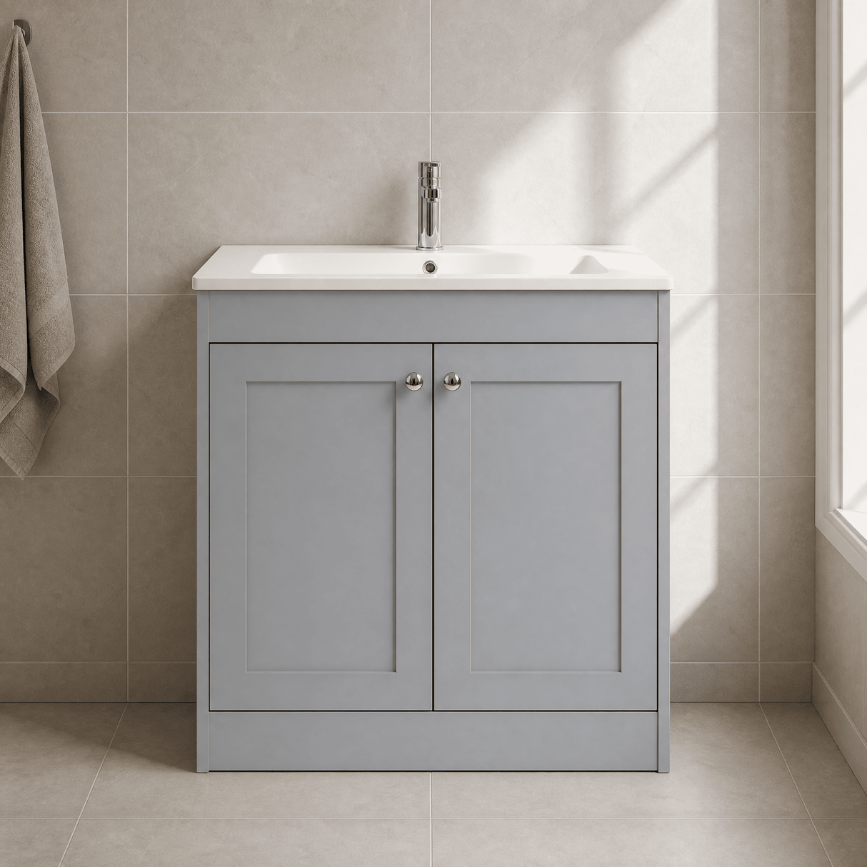 [BFHE226P] Balterley 800mm Floor Standing 2 Door Unit with Stone Basin 1 Tap Hole - Satin Grey - Lifestyle 1