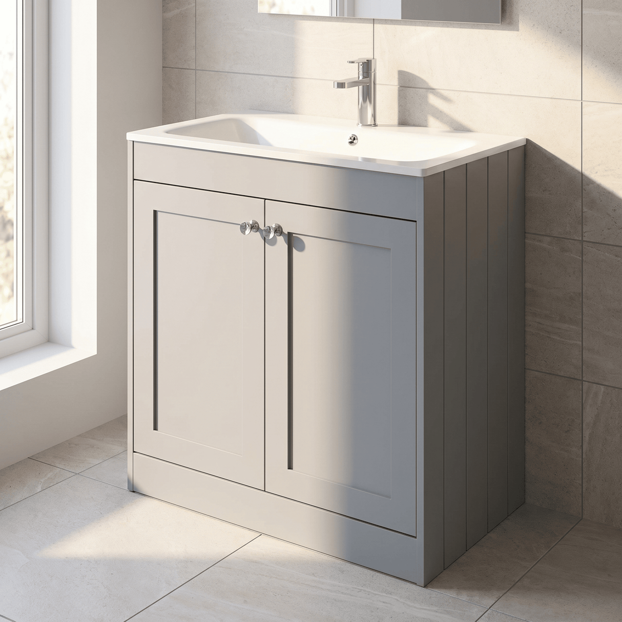 [BFHE226P] Balterley 800mm Floor Standing 2 Door Unit with Stone Basin 1 Tap Hole - Satin Grey - Lifestyle 3